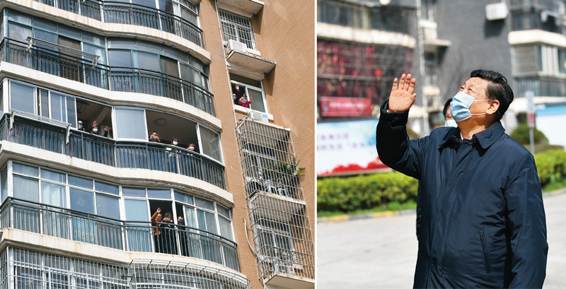 2020年3月10日，習(xí)近平專門赴湖北省武漢市考察新冠肺炎疫情防控工作。這是習(xí)近平在東湖新城社區(qū)考察時，向在家隔離居住的居民揮手致意、表示慰問（拼版照片）